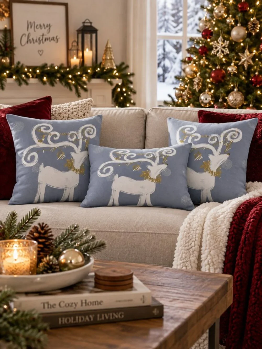 Christmas Throw Pillow Cover Set of 3 Whimsical Reindeer Gray Gold 18x18 Lumbar